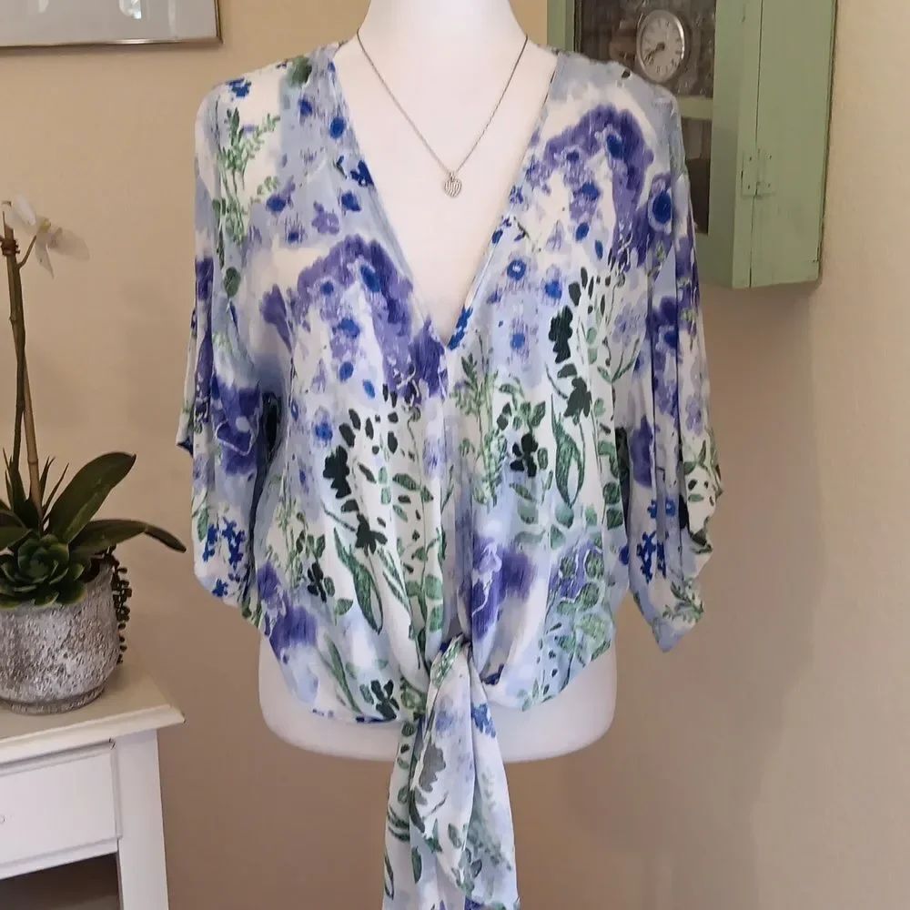 Lovestitch Leafy Print Blouse In  Green and Lavender Tie Front